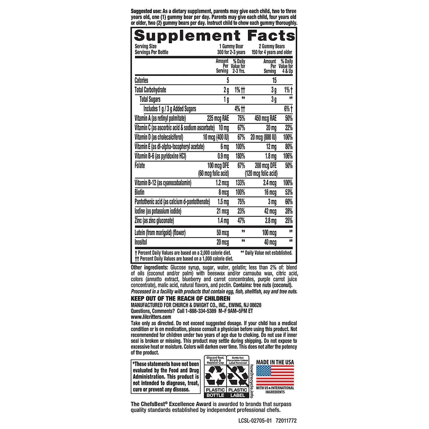 Gummy Vites Children's Chewable Gummy Bear Multivitamin Dietary Supplement, 300 Count L'il Critters Gummy Vites