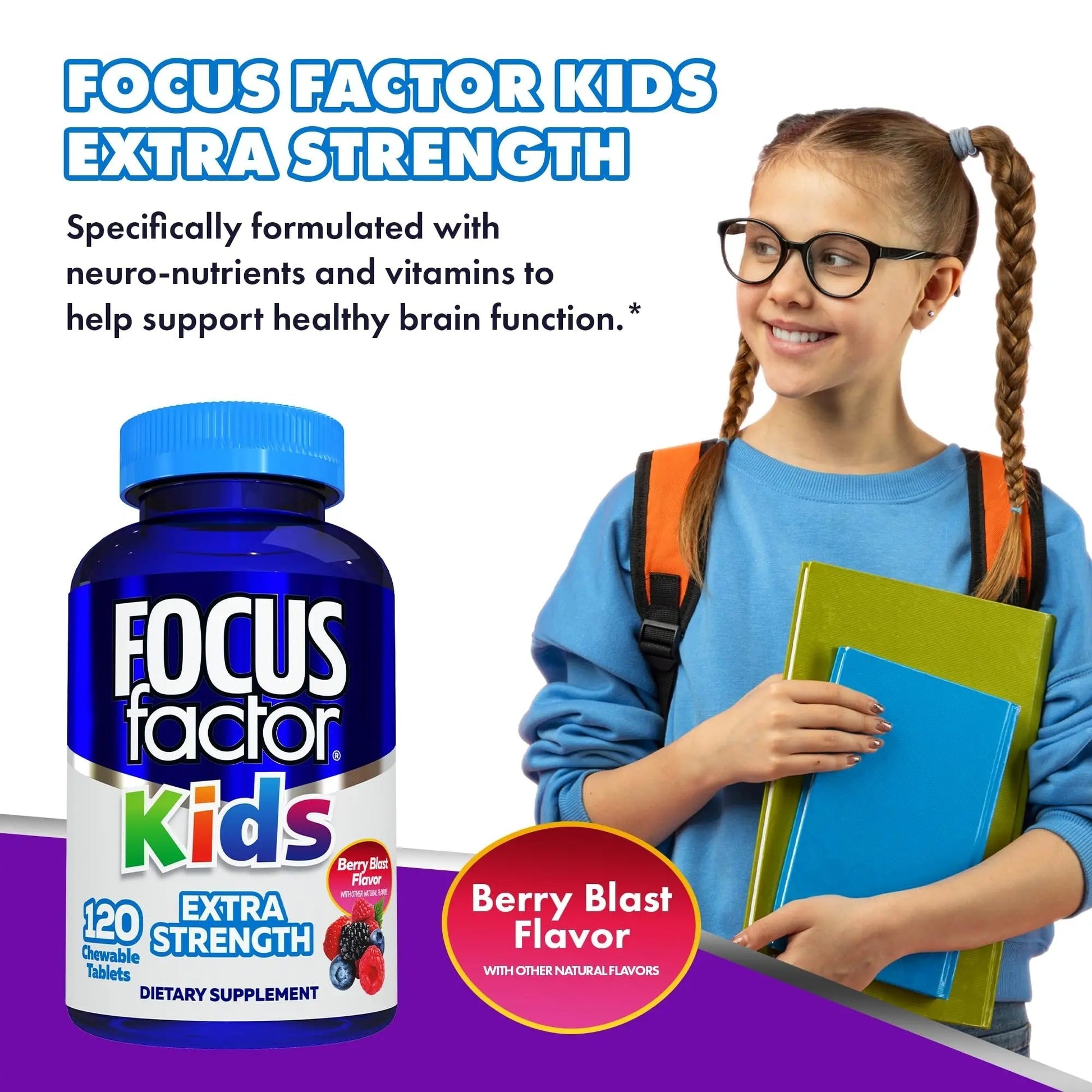 Focus Factor Kids Extra Strength Daily Chewable for Brain Health Support, 120 Count – Vitamins - Quality Formula Focus Factor