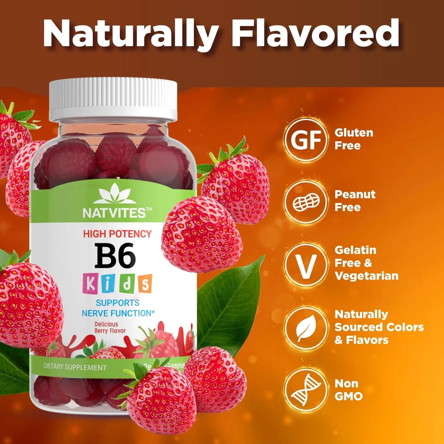 Natvites High-Potency Vitamin B6 Gummies for Kids - Delicious Berry Flavored VIT B6 Vitamins 50mg - Supports Nerve Function - Vegetarian Gluten Free Non-GMO Children's 50 mg B 6 Supplement (60 Count) NatvitesBuy Supplements Australia