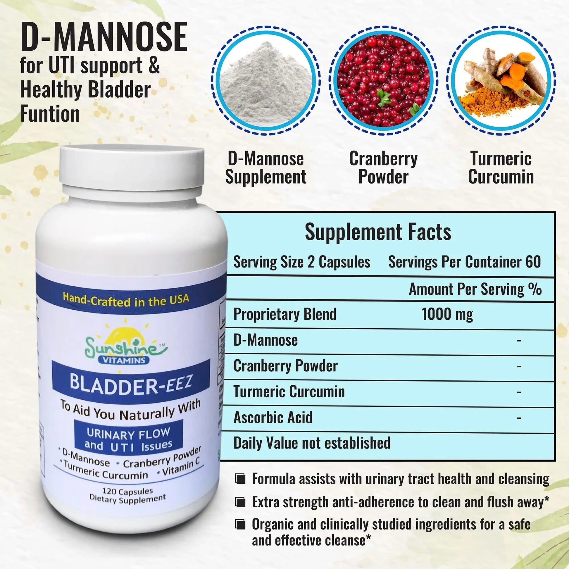 Sunshine Vitamins Bladder-EEZ | All-Natural Bladder Infection UTI Relief Support for Women with D-Mannose | Urinary Tract Infection Health with Immune System Support (1 Bottle of 120 Capsules) Sunshine VitaminsBuy Supplements Australia
