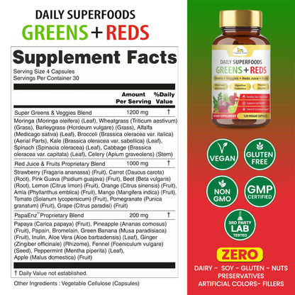 Organic Veda Super Greens & Reds Capsules - Organic Superfoods, Daily Greens, Red Juice, Fruits & Vegetables Supplement - Papaya Enzymes, Digestive Herbs, Bromelain, Antioxidants - 120 Veggie Capsules Organic VedaBuy Supplements Australia