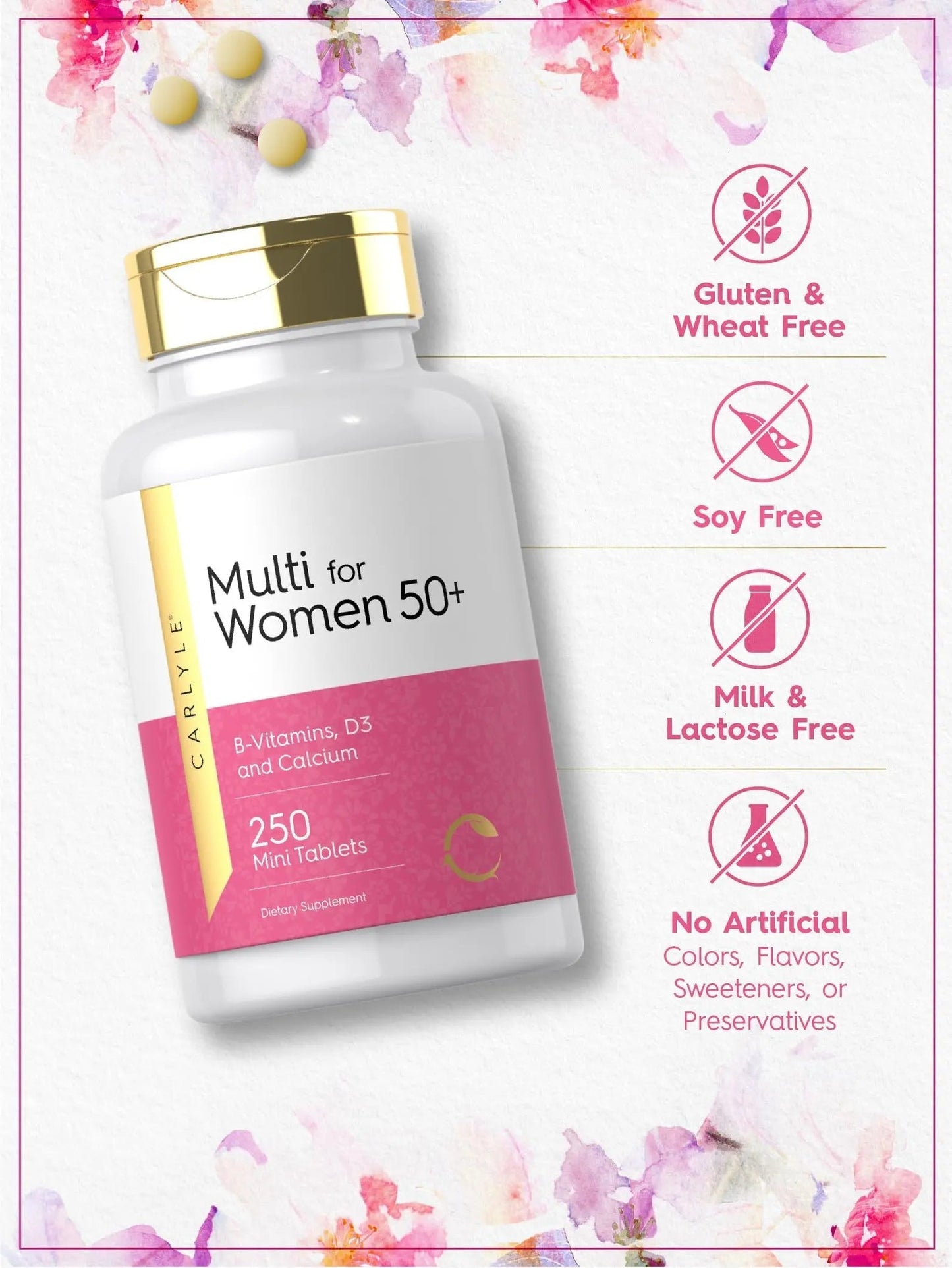Carlyle Multivitamin for Women 50 Plus | 250 Mini Tablets | Iron Free Supplement | Vitamins A, B12, C, D3, Folate (as Folic Acid) and Calcium | Carlyle