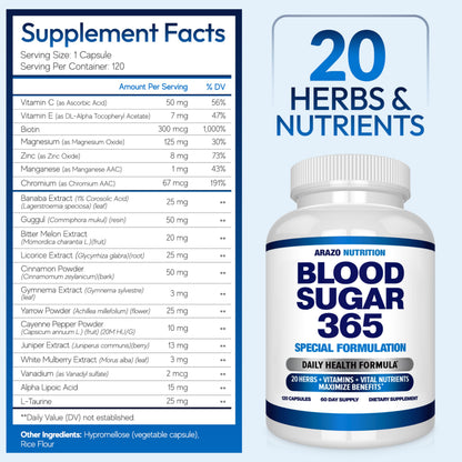 Arazo Nutrition Blood Sugar 365 Supplement – Supports Healthy Energy Levels - 120 Herbal Pills - 60 Day Supply Aus HealthcareBuy Supplements Australia