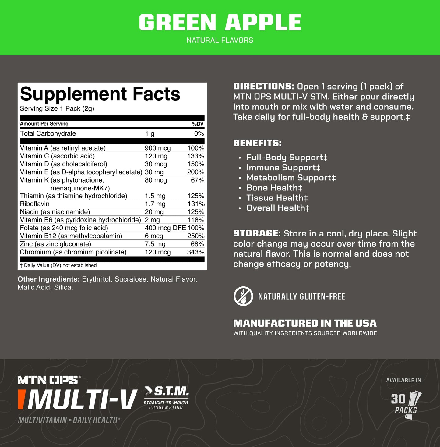 MTN OPS Multi‑V STM On‑the‑Go Daily Multivitamin for Men, Women & Kids – Straight‑to‑Mouth Vitamin C D3 B Zinc Packs – Gluten Free, Natural Flavors, 30 Servings MTN OPSBuy Supplements Australia