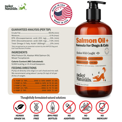 Deley Naturals Wild Alaskan Salmon Oil for Dogs & Cats - New and Improved Salmon Oil Plus Formula - Fish Oil for Dogs with Omega 3, DHA and EPA - Omega 3 for Healthy Skin and Coat - 8oz Made in USA Deley NaturalsBuy Supplements Australia