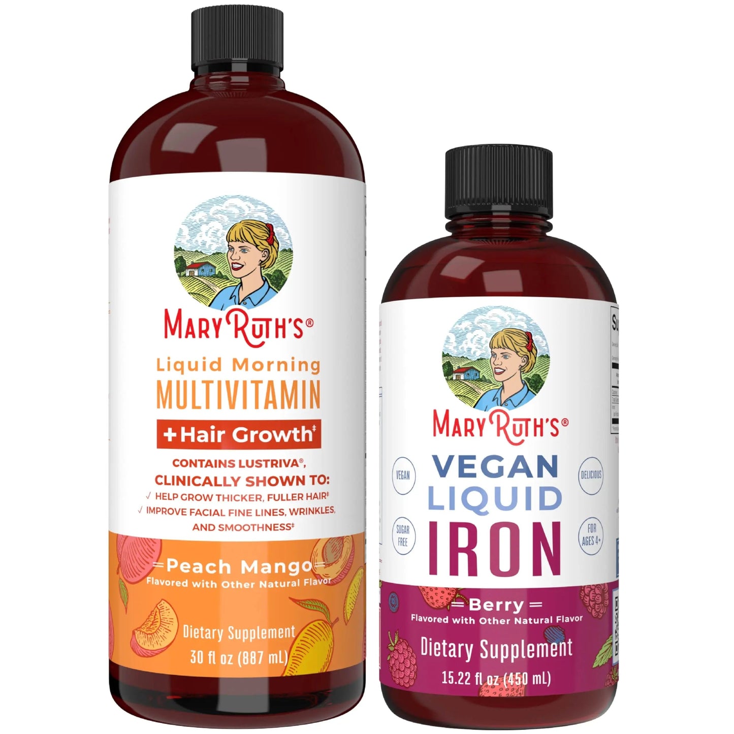 MaryRuth's MaryRuth's Liquid Morning Multivitamin +Hair Growth (Peach Mango, 30oz) & Iron Liquid (Berry) | Clean Label Project Verified® | MARYRUTH'SBuy Supplements Australia