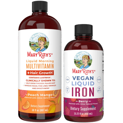 MaryRuth's MaryRuth's Liquid Morning Multivitamin +Hair Growth (Peach Mango, 30oz) & Iron Liquid (Berry) | Clean Label Project Verified® | MARYRUTH'SBuy Supplements Australia