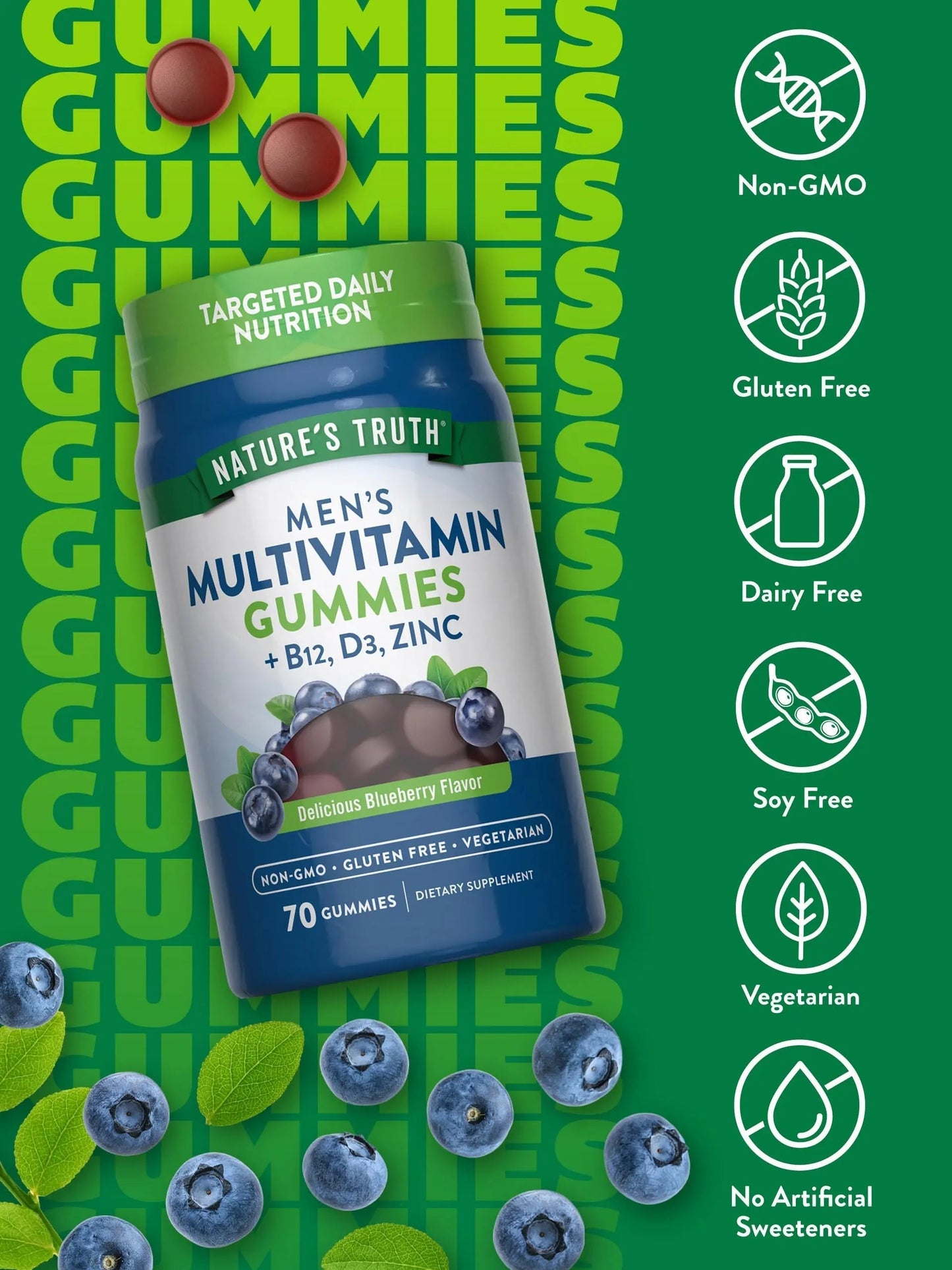 Nature's Truth Multivitamin for Men Gummies | 70 Count | Blueberry Flavor | with B12, D3 & Zinc | Nature's Truth