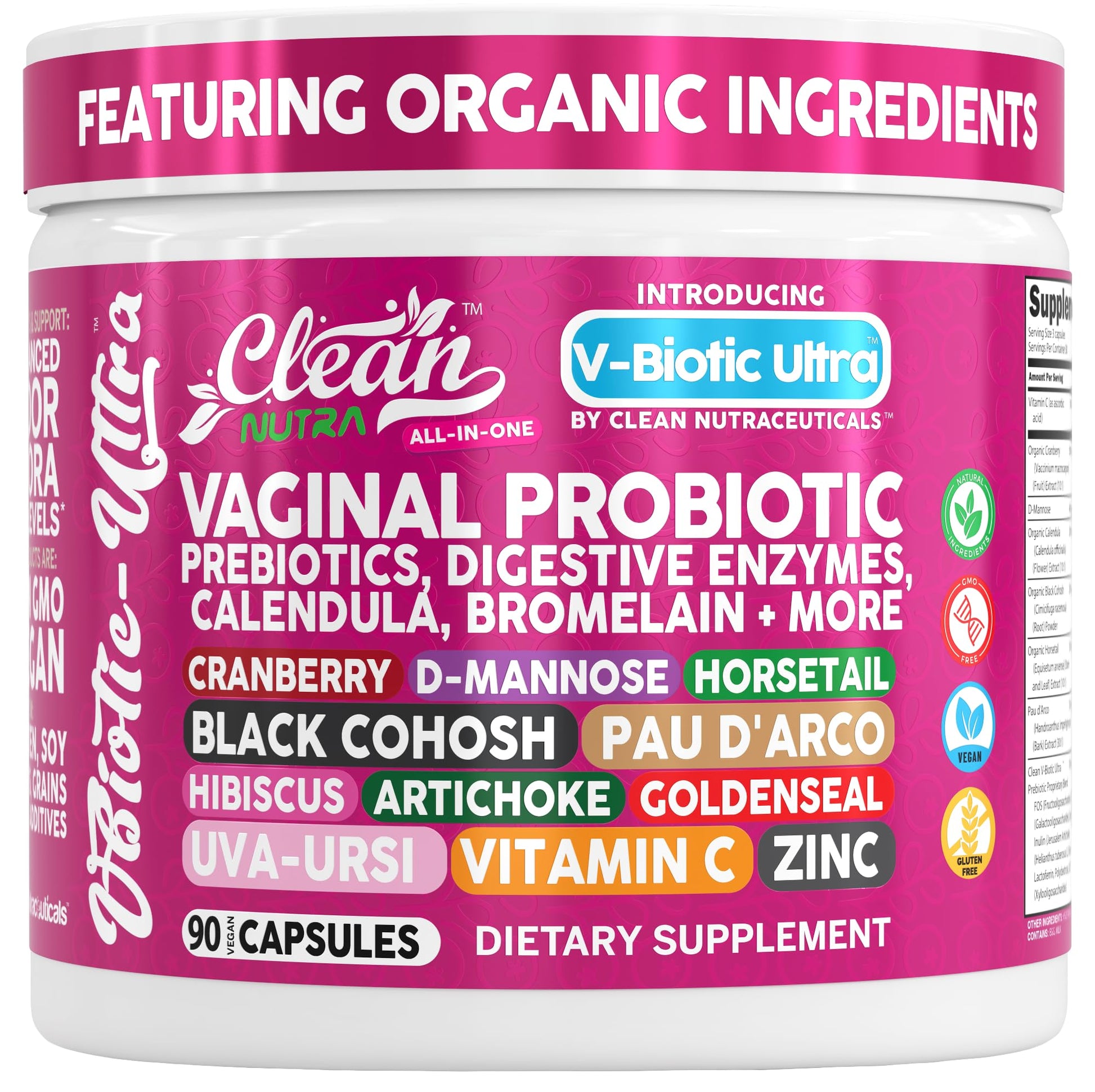 Clean Nutra Vaginal Probiotics for Women + Prebiotics Digestive Enzymes Bromelain Cranberry D Mannose Horsetail Black Cohosh Artichoke Hibiscus Flowers Probiotic for Digestive Health 90 Vegan Capsules Clean NutraceuticalsBuy Supplements Australia