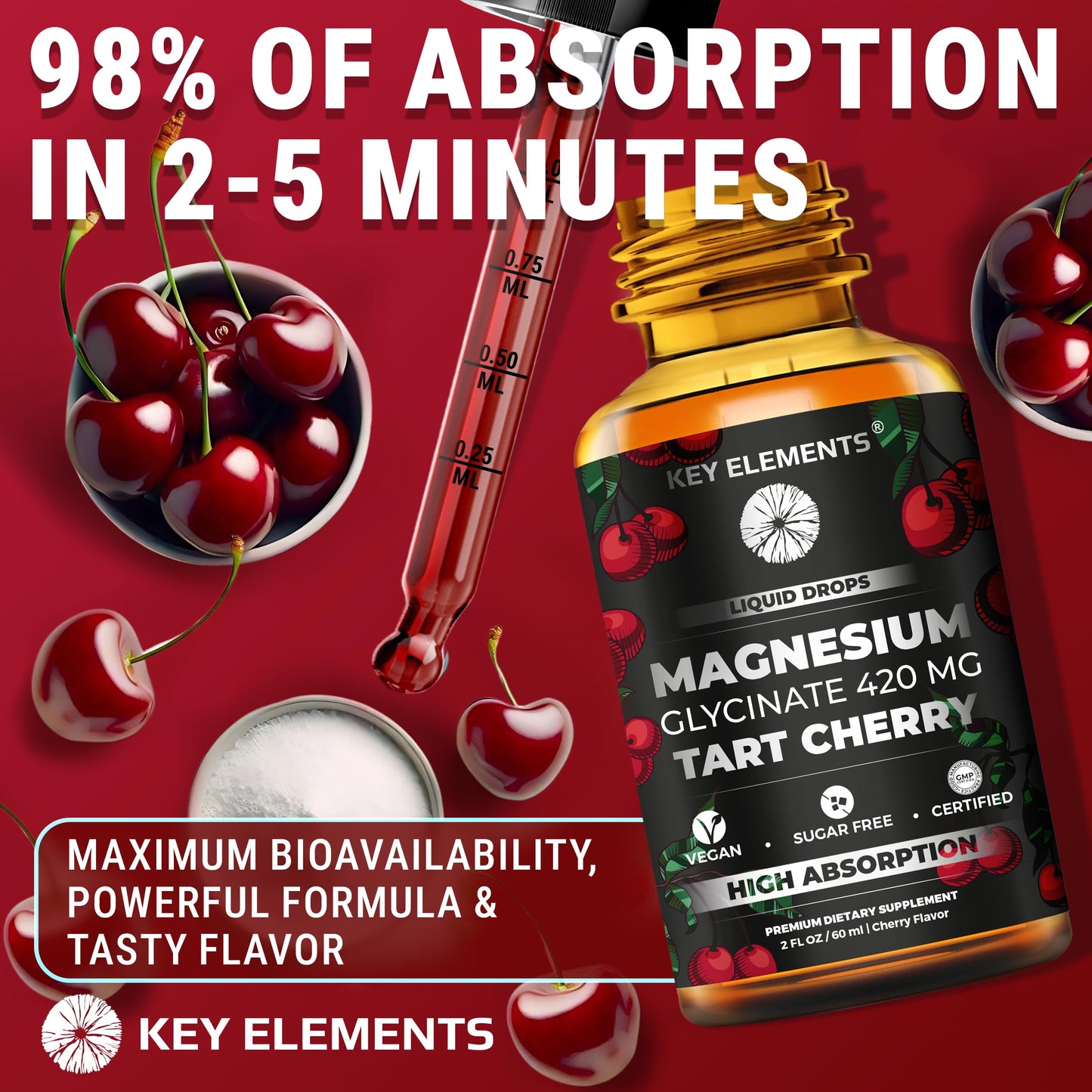 Liquid Magnesium Glycinate 420 Mg with Natural Tart Cherry Extract | Magnesium Glycinate Drops Supplement for Sleep, Mood & Mobility Support | Tart Cherry Extract KEY ELEMENTSBuy Supplements Australia