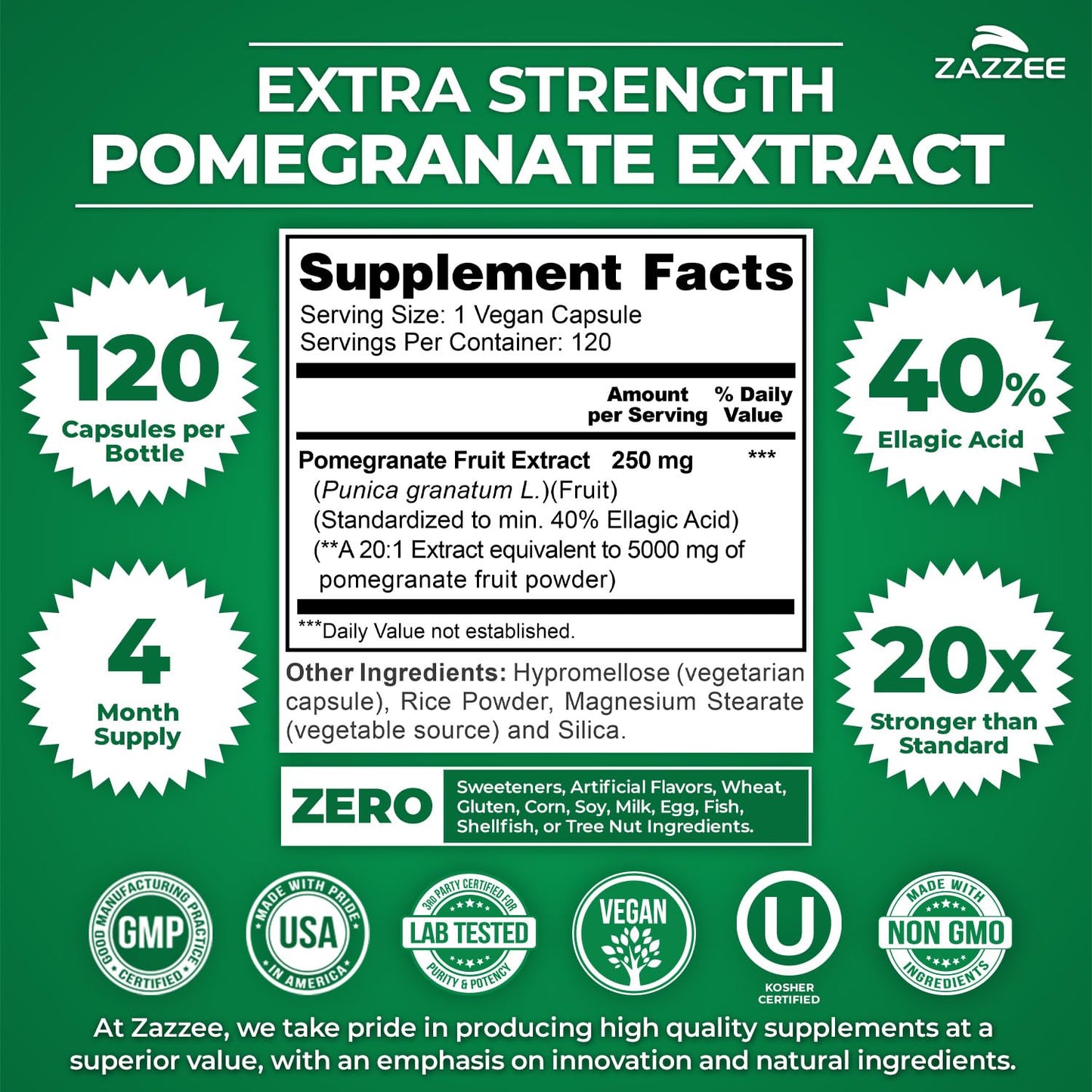 Zazzee Extra Strength Pomegranate 20:1 Extract, 40% Ellagic Acid, 120 Vegan Capsules, 4 Month Supply, Punica Granatum, Antioxidant & Cellular Health Support, Non-GMO, Made in the USA ZazzeeBuy Supplements Australia
