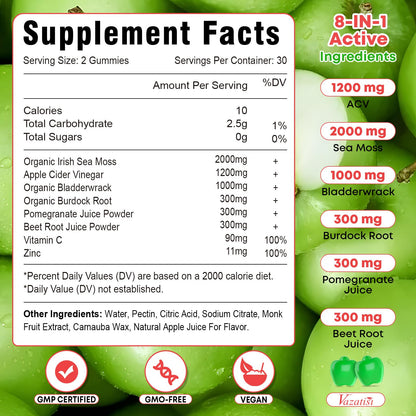 Vazatisi 2 Pack Apple Cider Vinegar Gummies, ACV with Sea Moss Gummies for Metabolism, Digestion, Detox, Gut & Immune Health, Apple Flavored -120 Count VazatisiBuy Supplements Australia