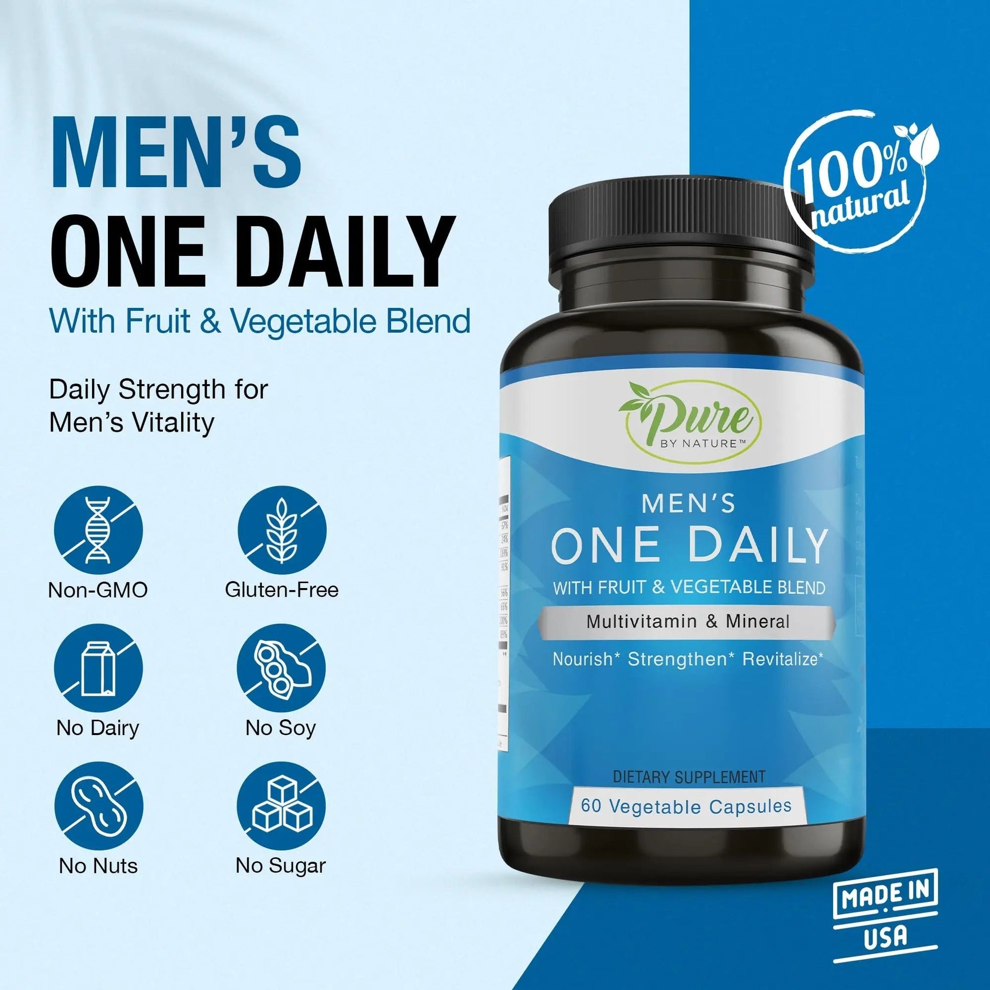 Pure By Nature One-Daily Multivitamin for Men, Immune Support Supplement with Non-GMO Ingredient, Vitamin & Minerals for Energy, 60 Veggie Capsules Pure By NatureBuy Supplements Australia