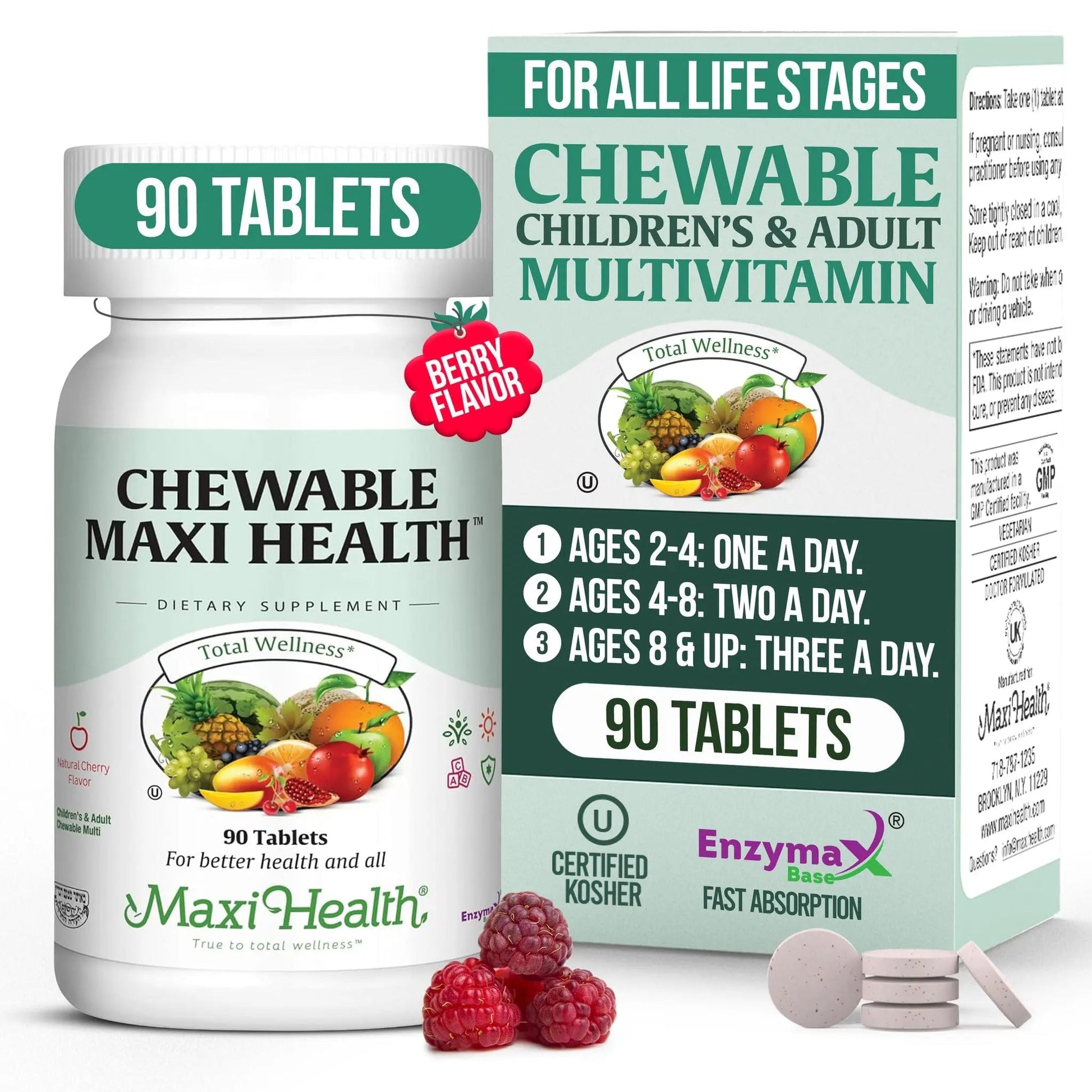 Maxi Health Chewable Multivitamin for Kids, Teens and Adults - Cherry Chewable Vitamins for Adults & Children Maxi Health