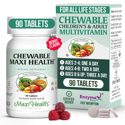 Maxi Health Chewable Multivitamin for Kids, Teens and Adults - Cherry Chewable Vitamins for Adults & Children Maxi Health