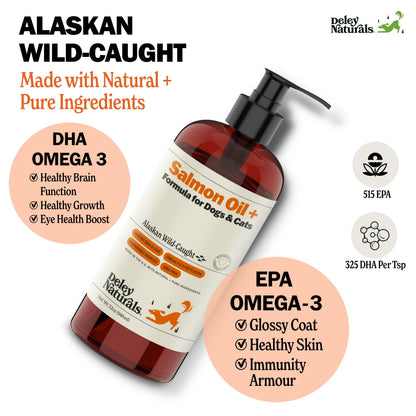 Deley Naturals Wild Alaskan Salmon Oil for Dogs & Cats - New and Improved Salmon Oil Plus Formula - Fish Oil for Dogs with Omega 3, DHA and EPA - Omega 3 for Healthy Skin and Coat - 32oz Made in USA Deley NaturalsBuy Supplements Australia
