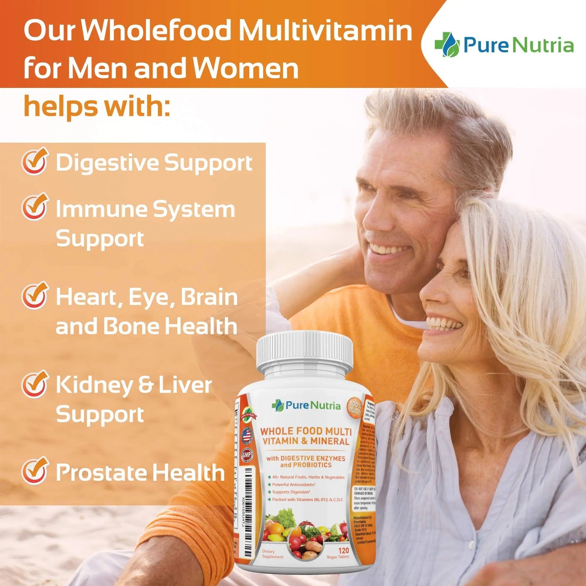 Whole Food MultiVitamin and Minerals with Probiotic Enzymes - 120 Multivitamins for Women and Men - Packed with WholeFood and Herbal Ingredients PureNutria