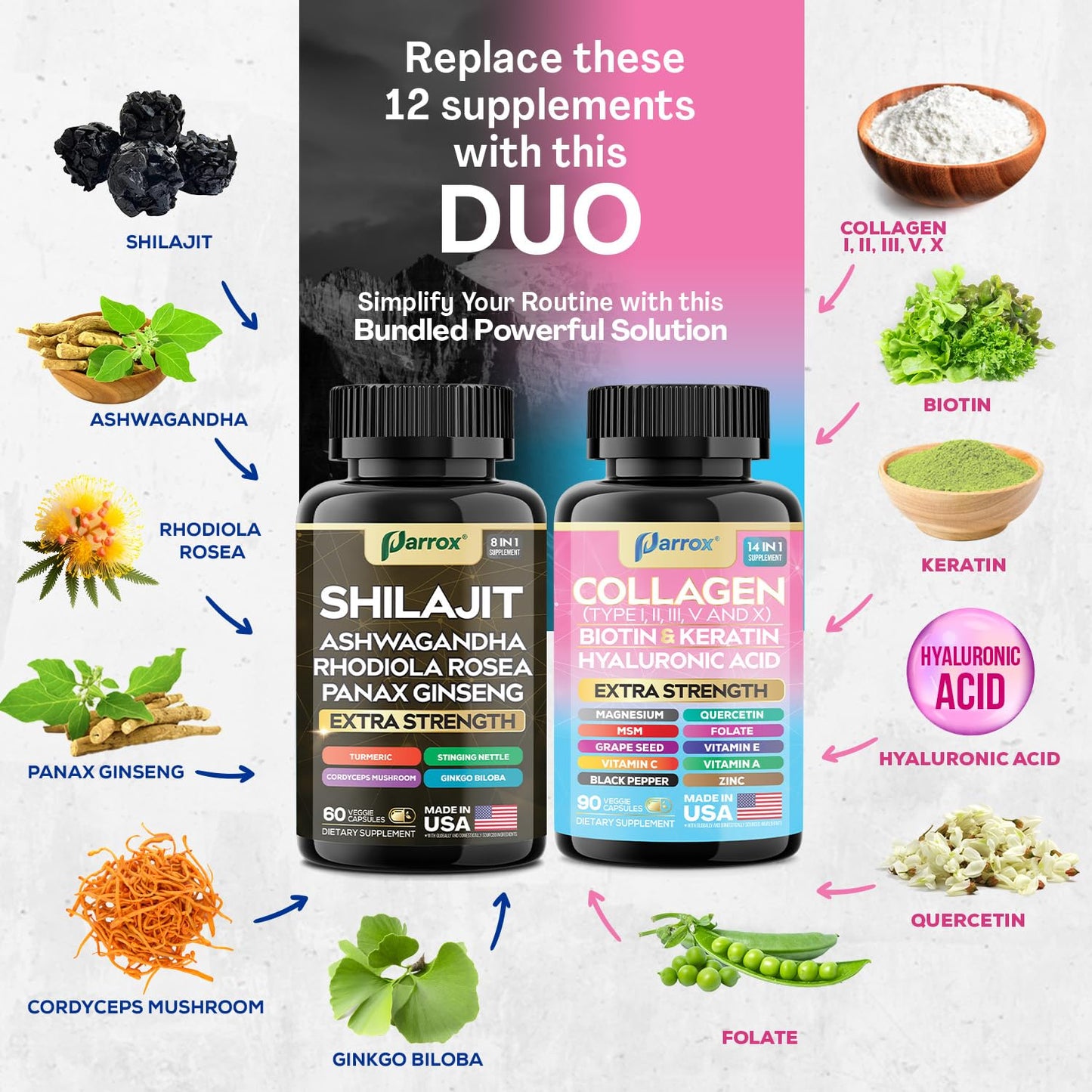 Parrox Adaptogen & Beauty Bundle – Rhodiola, Panax Ginseng, Ashwagandha, Cordyceps, Turmeric, Collagen, Biotin, Keratin, MSM, Hyaluronic Acid, Zinc, Quercetin, Vitamin C, A & E, Folate, Magnesium ParroxBuy Supplements Australia