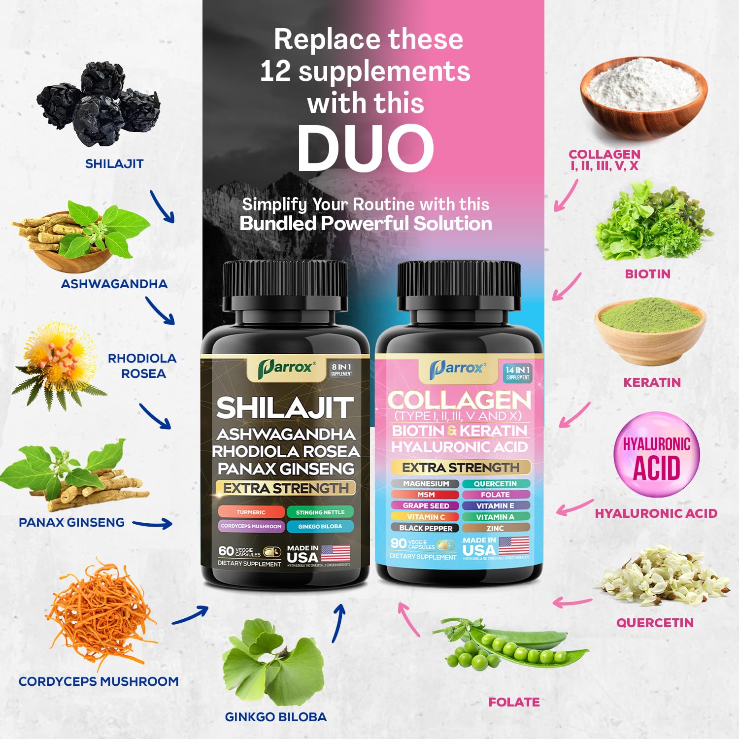 Parrox Adaptogen & Beauty Bundle – Rhodiola, Panax Ginseng, Ashwagandha, Cordyceps, Turmeric, Collagen, Biotin, Keratin, MSM, Hyaluronic Acid, Zinc, Quercetin, Vitamin C, A & E, Folate, Magnesium ParroxBuy Supplements Australia