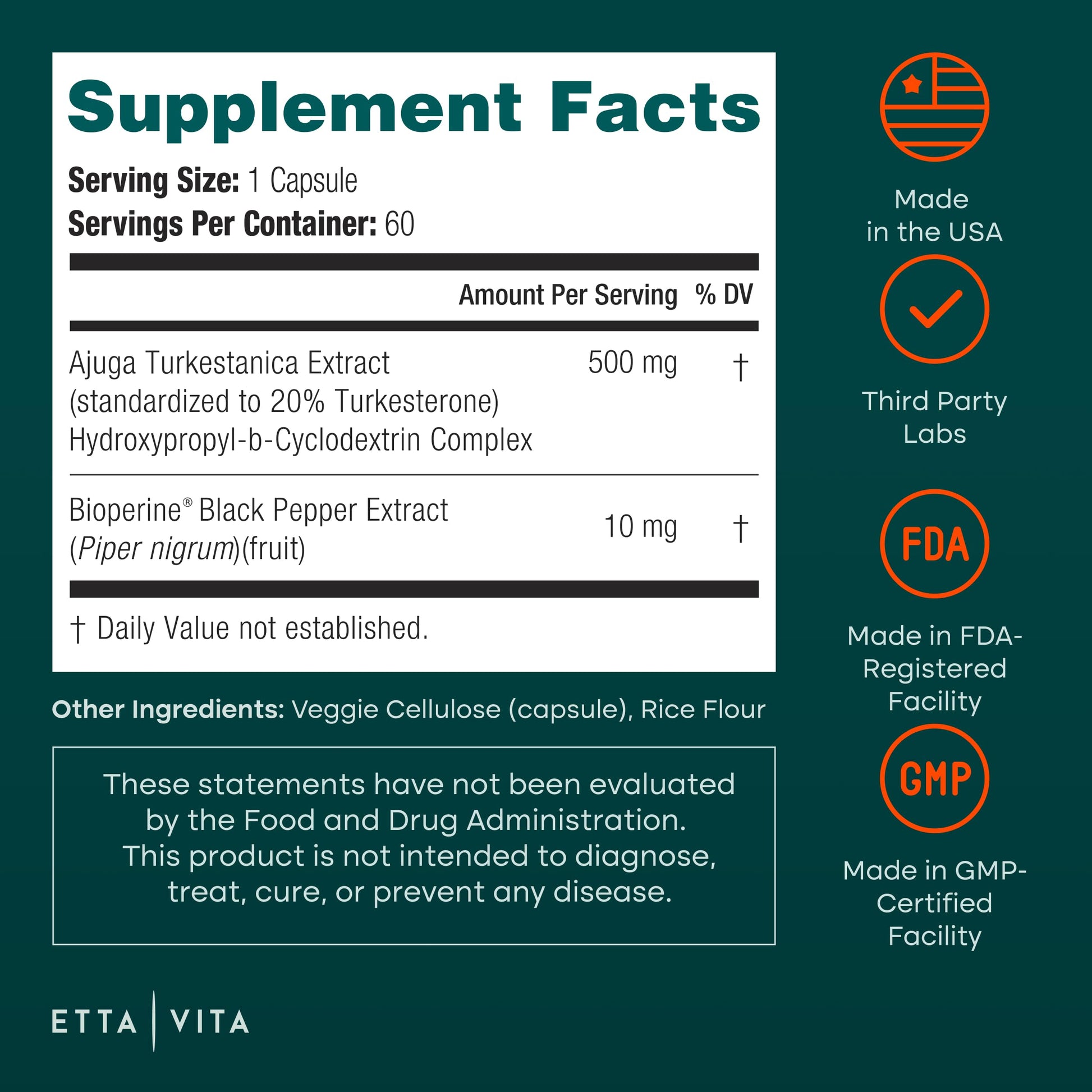 Potent Turkesterone Supplement, 2X Pure (Made in USA - 3rd Party Tested) Most Bioavailable and Natural Test Support Supplement, Supports Energy Lean Muscle Health, Recovery and Stamina, Vegan (60ct) Etta VitaBuy Supplements Australia