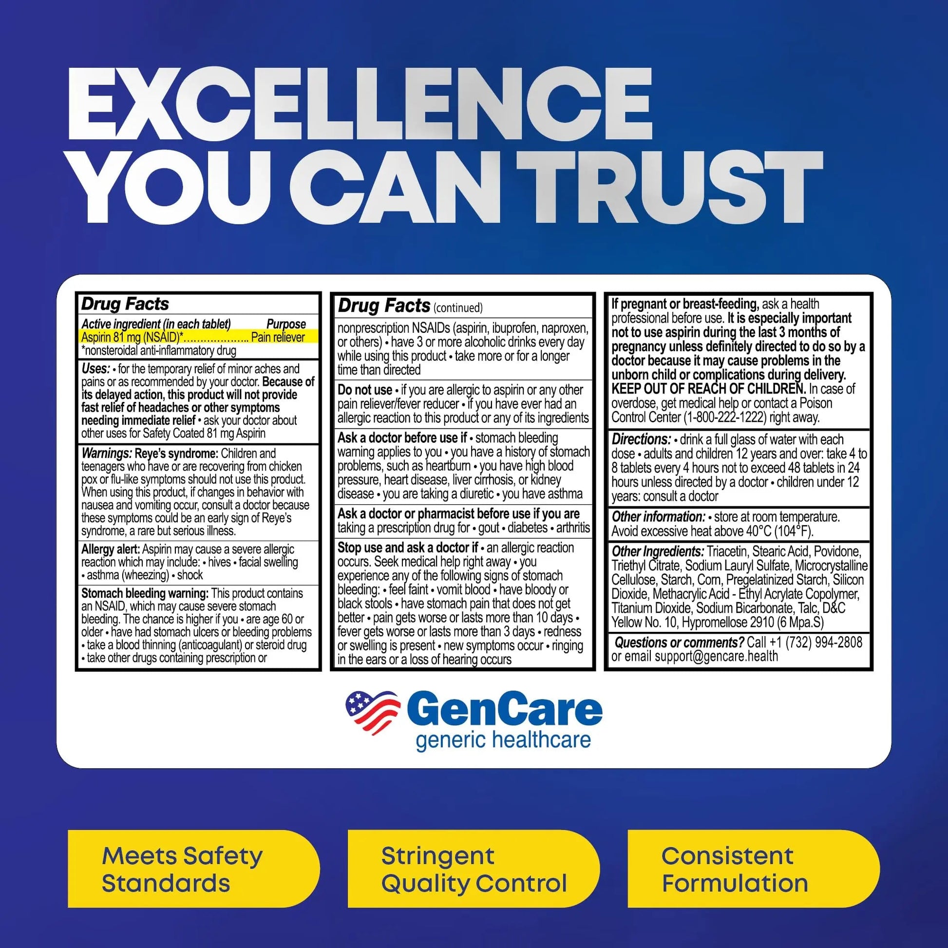 GenCare - Low Dose Aspirin 81mg for Adults Coated (NSAID) 500 Tablets | Adult Low Dose | Enteric Coated Aspirin Pills | Muscle Pain & Menstrual Pain Relief | Fever Reducer | Generic Bayer GenCareBuy Supplements Australia