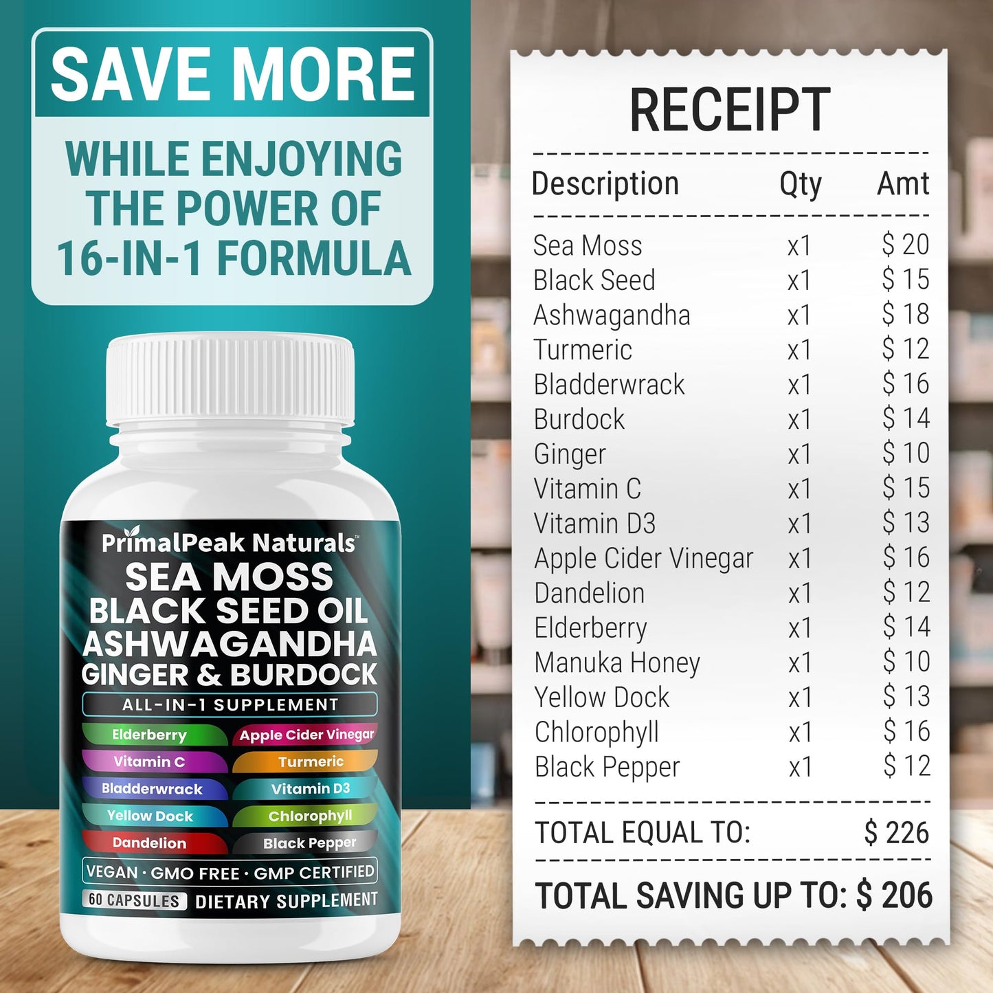 PrimalPeak Naturals Sea Moss Black Seed Oil Ashwagandha Ginger Burdock Bladderwrack Turmeric & Vitamin C Vitamin D3 with ACV Elderberry Chlorophyll Dandelion Yellow Dock Vegan Capsules - 60 Count PrimalPeak NaturalsBuy Supplements Australia
