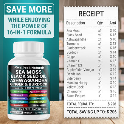 PrimalPeak Naturals Sea Moss Black Seed Oil Ashwagandha Ginger Burdock Bladderwrack Turmeric & Vitamin C Vitamin D3 with ACV Elderberry Chlorophyll Dandelion Yellow Dock Vegan Capsules - 60 Count PrimalPeak NaturalsBuy Supplements Australia