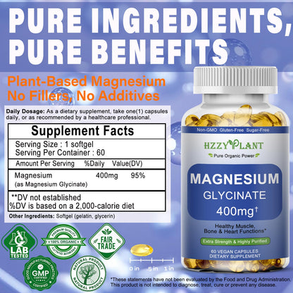 Magnesium Glycinate Softgels, High Absorption Magnesium Glycinate 400mg Supplement for Muscle, Heart, Sleep & Bone Support, Bisglycinate Softgel Capsules Supplement, Vegan, Non-GMO, 2 Month Supply HZZYPLANTBuy Supplements Australia