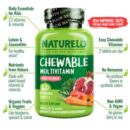 NATURELO Chewable Vitamin for Kids Multivitamin with Whole Food Organic Fruit Blend - 60 Tablets for Children NATURELO