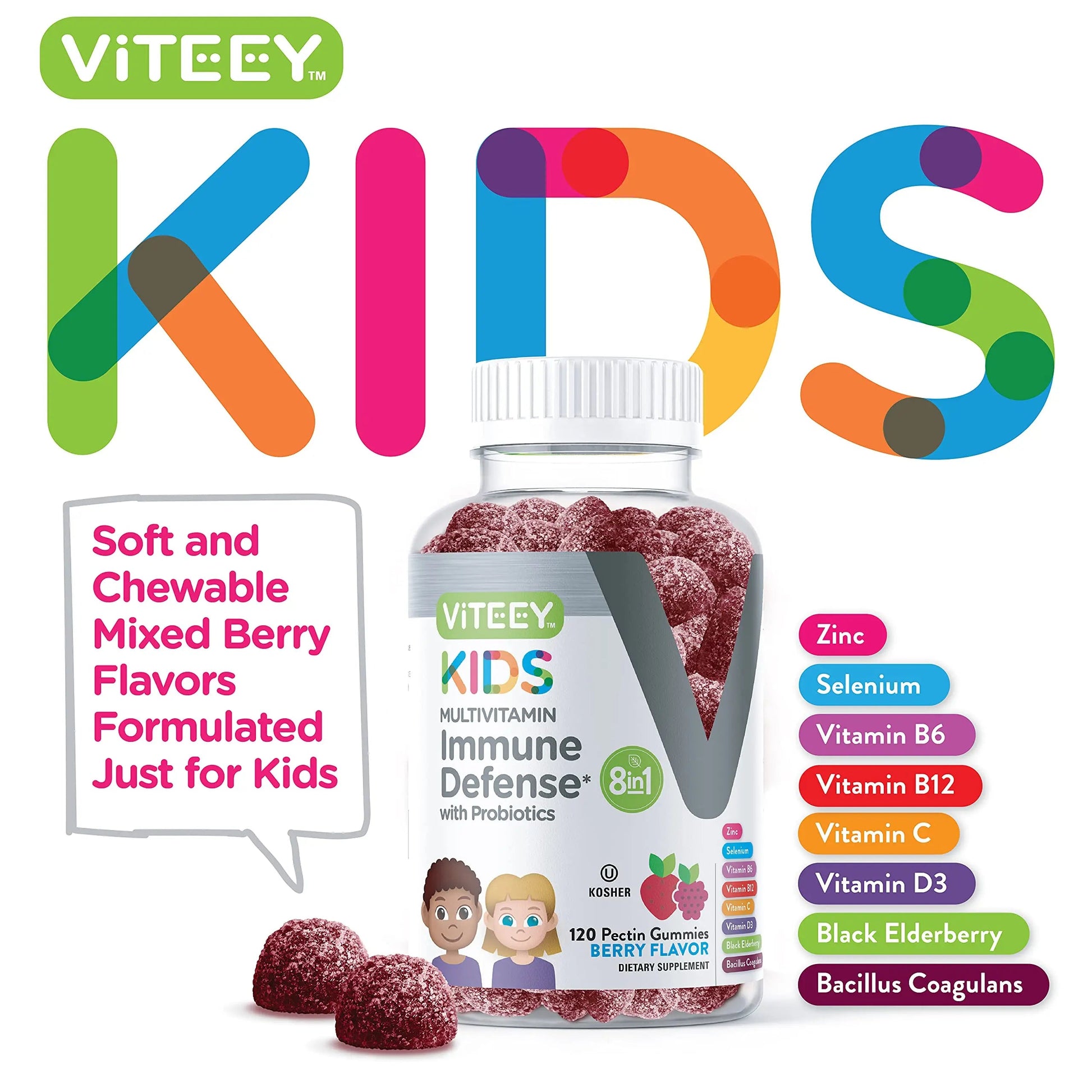 Viteey Kids Multivitamin Gummies with Probiotics - 8-1 Kids Vitamins for Immune Health Support with Vitamin C, D3, B12, B6 Viteey
