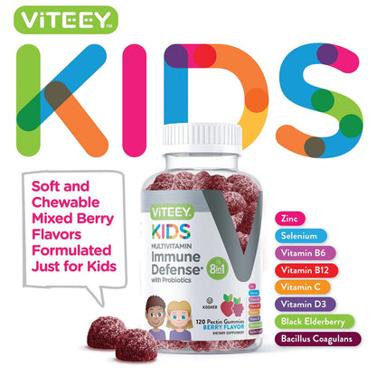Viteey Kids Multivitamin Gummies with Probiotics - 8-1 Kids Vitamins for Immune Health Support with Vitamin C, D3, B12, B6 Viteey