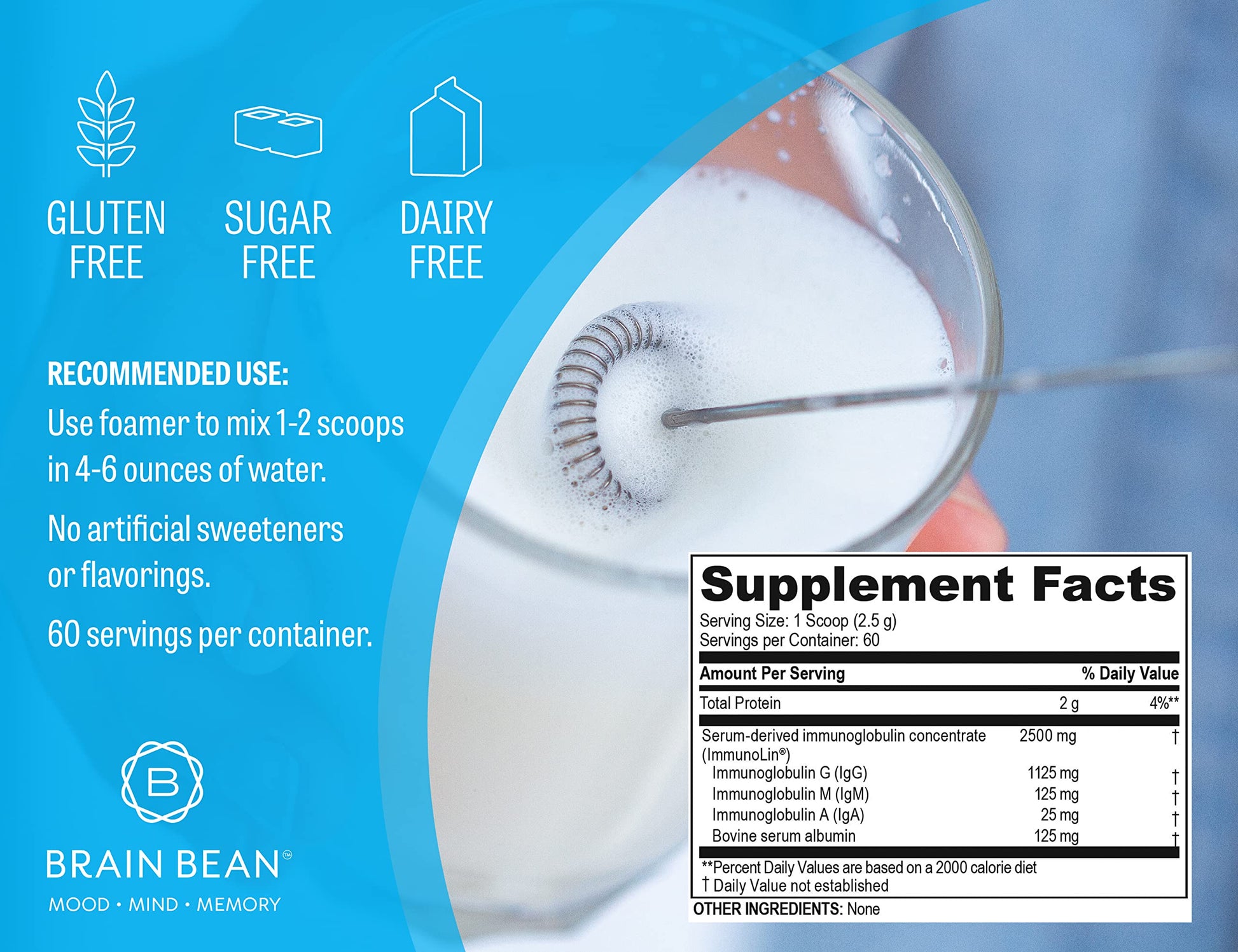 Brain Basics Ultra Pure IgG Supplement - Dairy-Free Supplement IgG-Immunolin Powder, Blended Vitamin & Mineral Supplements, 150g, 60 Servings Brain BeanBuy Supplements Australia