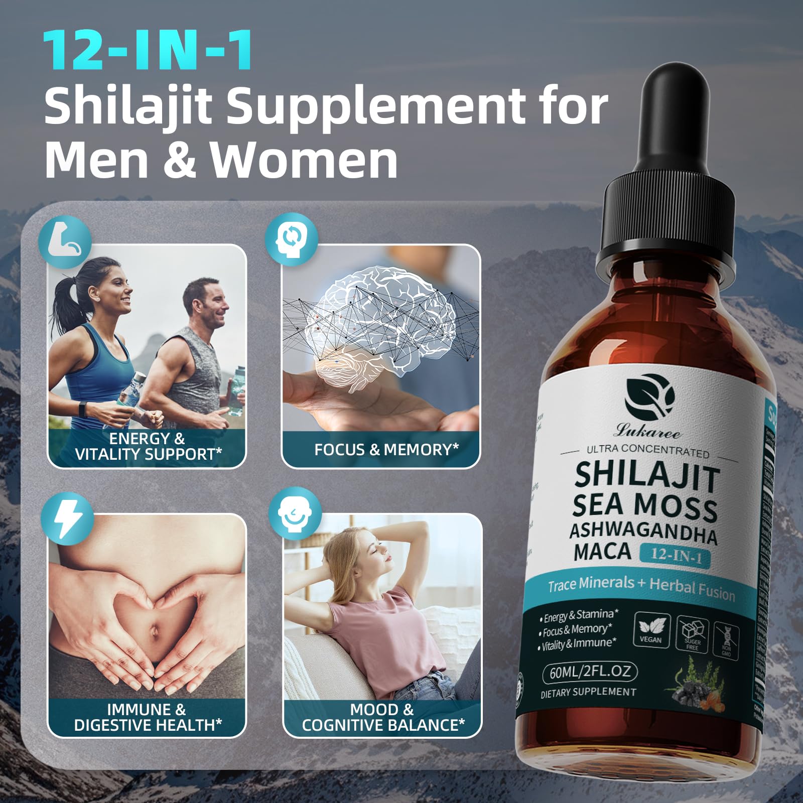Shilajit Liquid Drops, 12-in-1 Complex - Sea Moss, Ashwagandha, Maca, Fulvic Acid, Trace Minerals, Liquid Vitamins Supplement for Men and Women, Energy, Antioxidant, Immune Support, 60ML/2 FL Oz LukareeBuy Supplements Australia