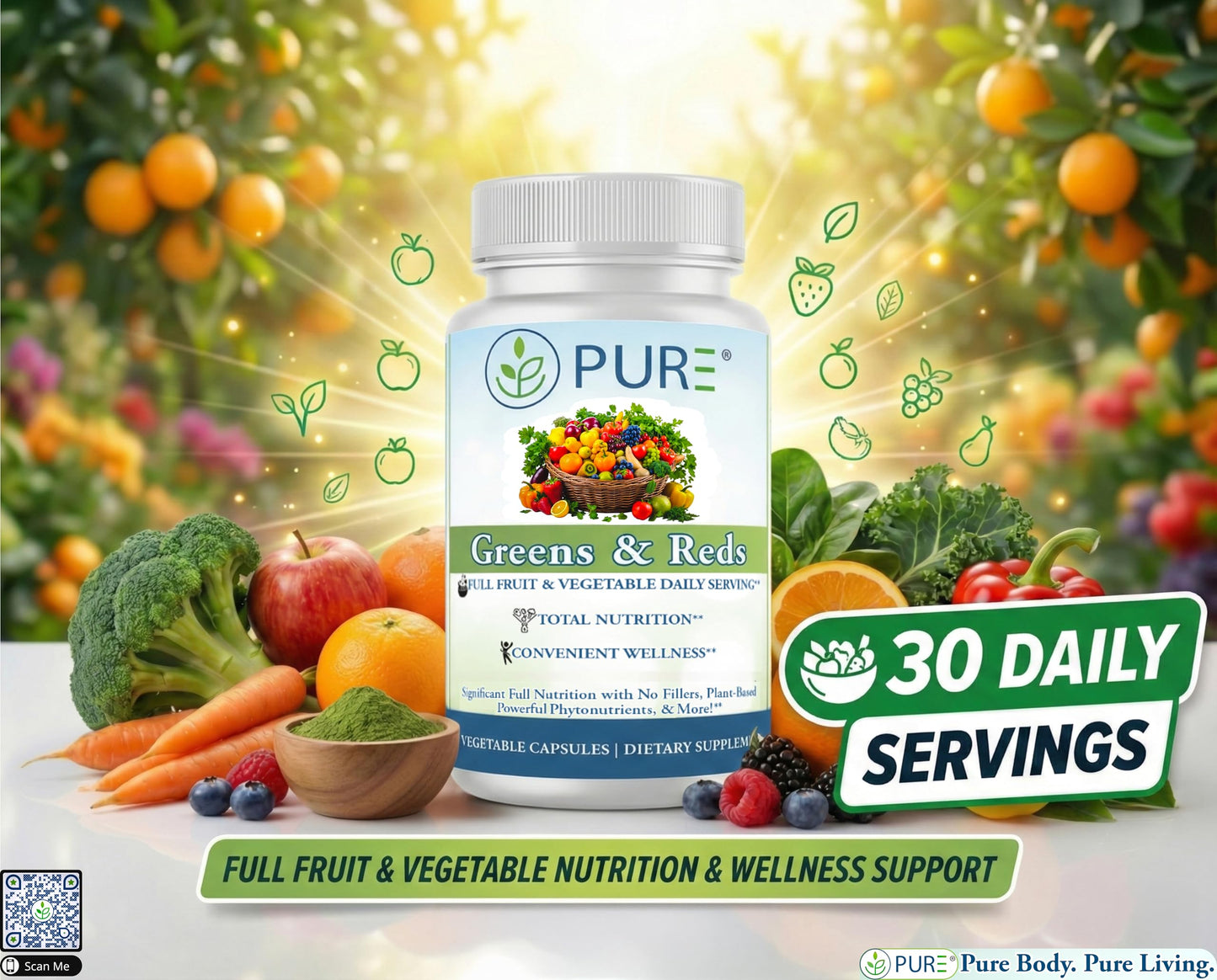 PURE® Greens & Reds Capsules - 30 Servings - 9 Daily Servings of Fruits & Vegetables in 1 Capsule - PhytoServ® Superfood Blend with Broccoli, Kale & Berries - Plant-Based Phytonutrient Shield PUREBuy Supplements Australia