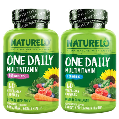 NATURELO One Daily Multivitamin for Men 50+, 60 Capsules and One Daily Multivitamin for Women 50+ (Iron Free), 60 Capsules Bundle - 2 Month Supply NATURELO