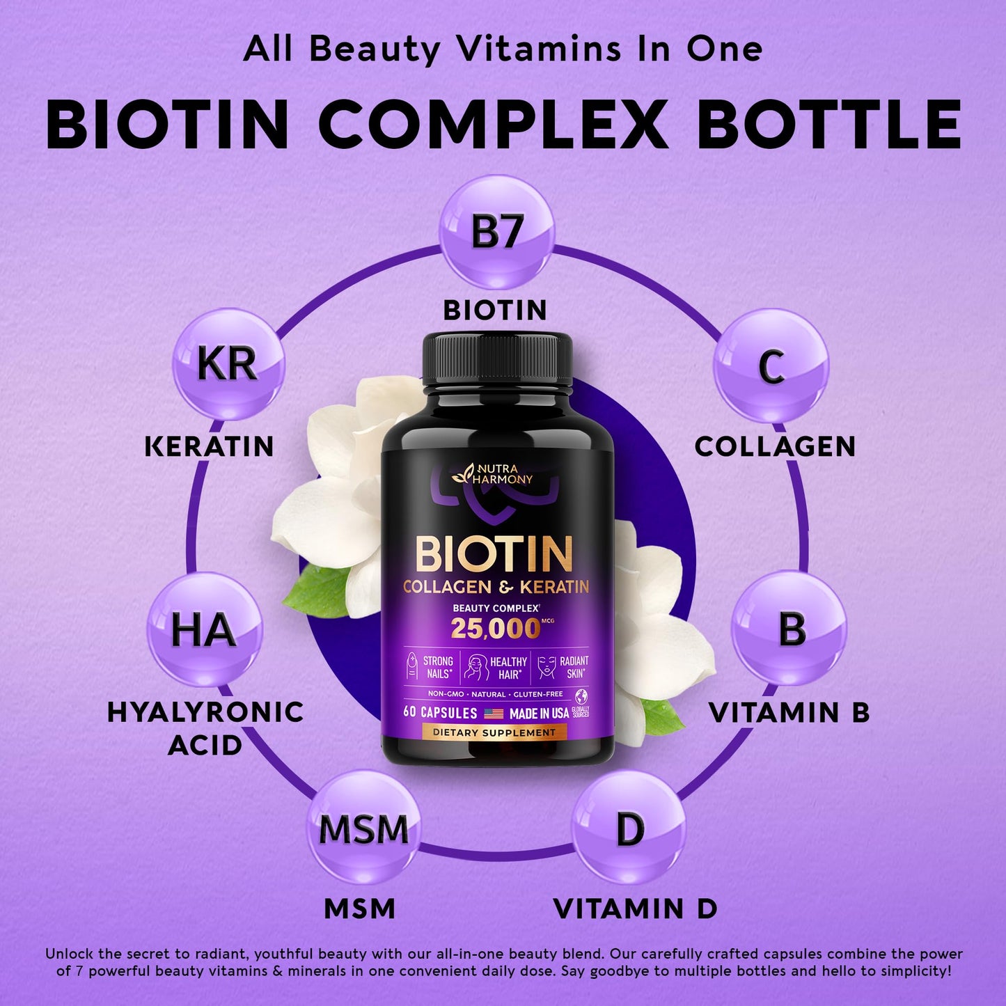 Biotin | Collagen | Keratin | Hyaluronic Acid - Hair Growth Support Pills, 25000 mcg NUTRAHARMONYBuy Supplements Australia