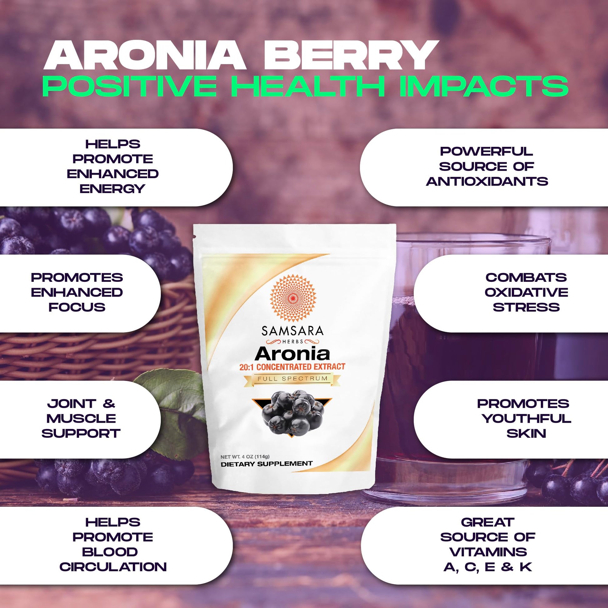 Samsara Herbs Aronia Berry 20:1 Extract Powder (16oz/454g) - Antioxidant, Flavonoids and Polyphenols Supplement - High ORAC - Native American Berry - Improved Wellbeing Samsara HerbsBuy Supplements Australia