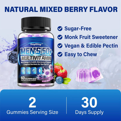 Sugar Free Multivitamin Gummies for Men 50 Plus - Methylated Multivitamin with Omega-3, CoQ10, Elderberry & Turmeric VeyttisyBuy Supplements Australia