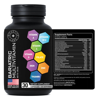 Bariatric Multivitamin with Iron 45mg for Women & Men - 21-in-1 Essential Post Gastric Bypass and Gastric Sleeve Vitamins A,C,D,E, B Complex BIOACTIVE LABS