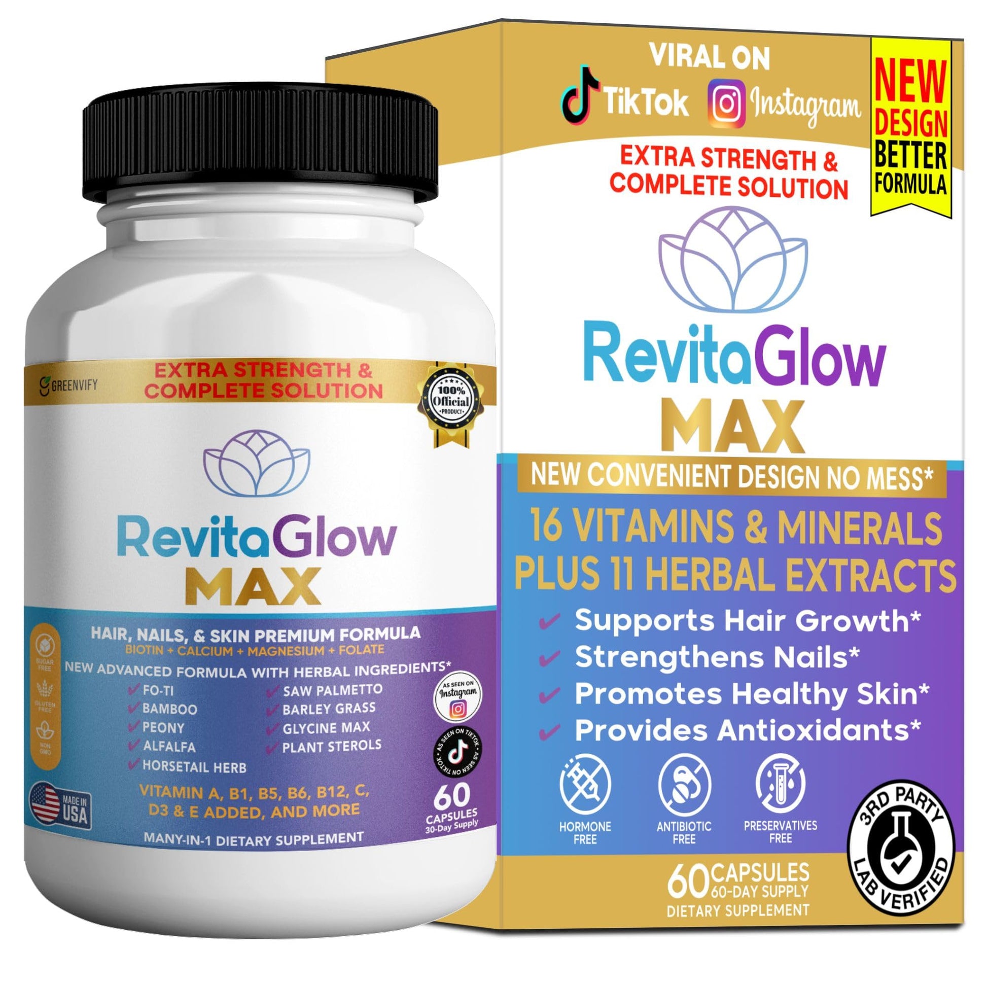 GREENVIFY RevitaGlow Max Hair, Nails & Skin Premium Formula, 60 Capsules, 30-Day Supply, with Biotin, Vitamins A, B1, B5, B6, B12, C, D3, E (1) GREENVIFYBuy Supplements Australia