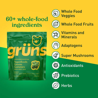 Gruns Adults Super Greens Multivitamin Gummies, Superfood Vitamin Gummy Bears with Spirulina, Chlorella, Prebiotic Fiber for Digestive Health GrünsBuy Supplements Australia