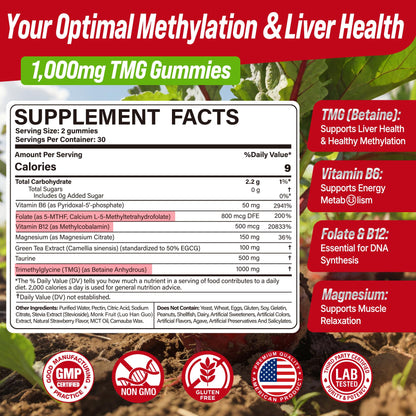 2Pack TMG Gummies 1000mg Betaine Anhydrous + Methylated Multivitamin & B Complex Methylated(Methylfolate B12 B6), Magnesium, Taurine - Essential Trimethylglycine for Homocysteine Levels, Brain, Energy NextdiaBuy Supplements Australia