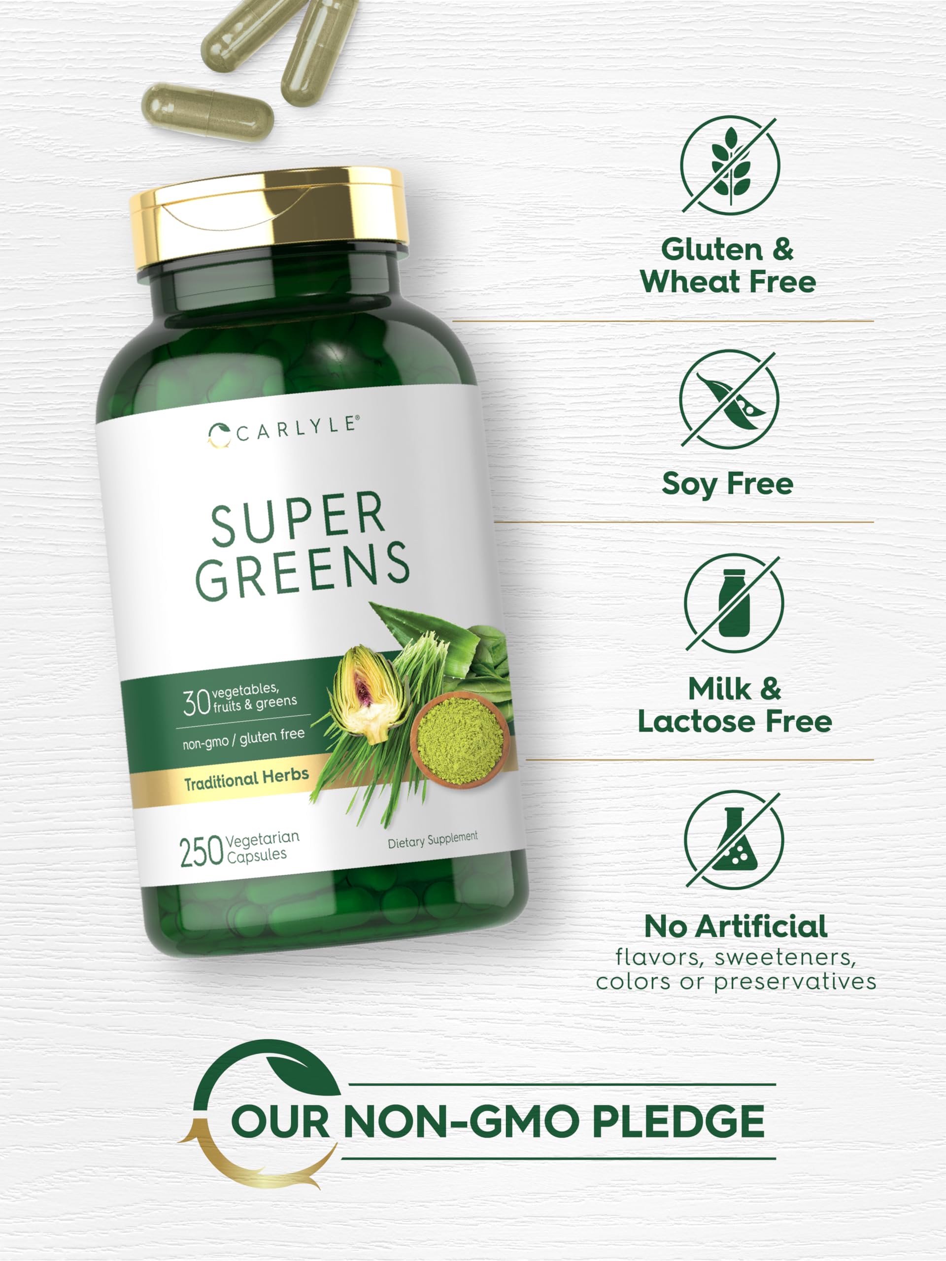 Carlyle Super Greens Capsules | 250 Count | Blend of 13 Vegetables and Greens Plus 17 Fruits | Non-GMO & Gluten Free Supplement CarlyleBuy Supplements Australia