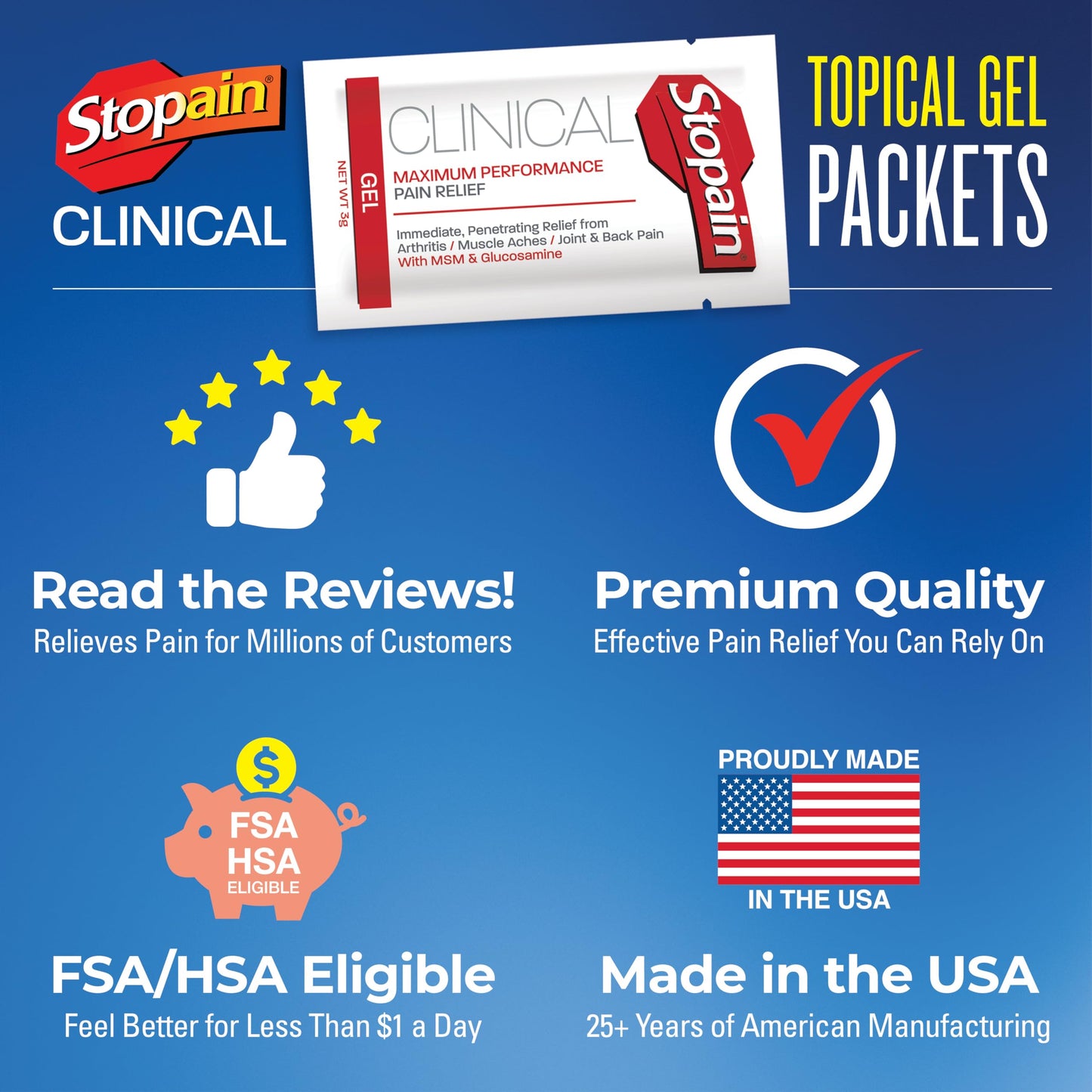 Stopain Pain Relief Clinical Gel Packets, Made in USA, Maximum Performance Pain Relief with 10% Menthol Plus Glucosamine for Muscle Aches, Joint Pain, and Arthritis (100 Pack) StopainBuy Supplements Australia