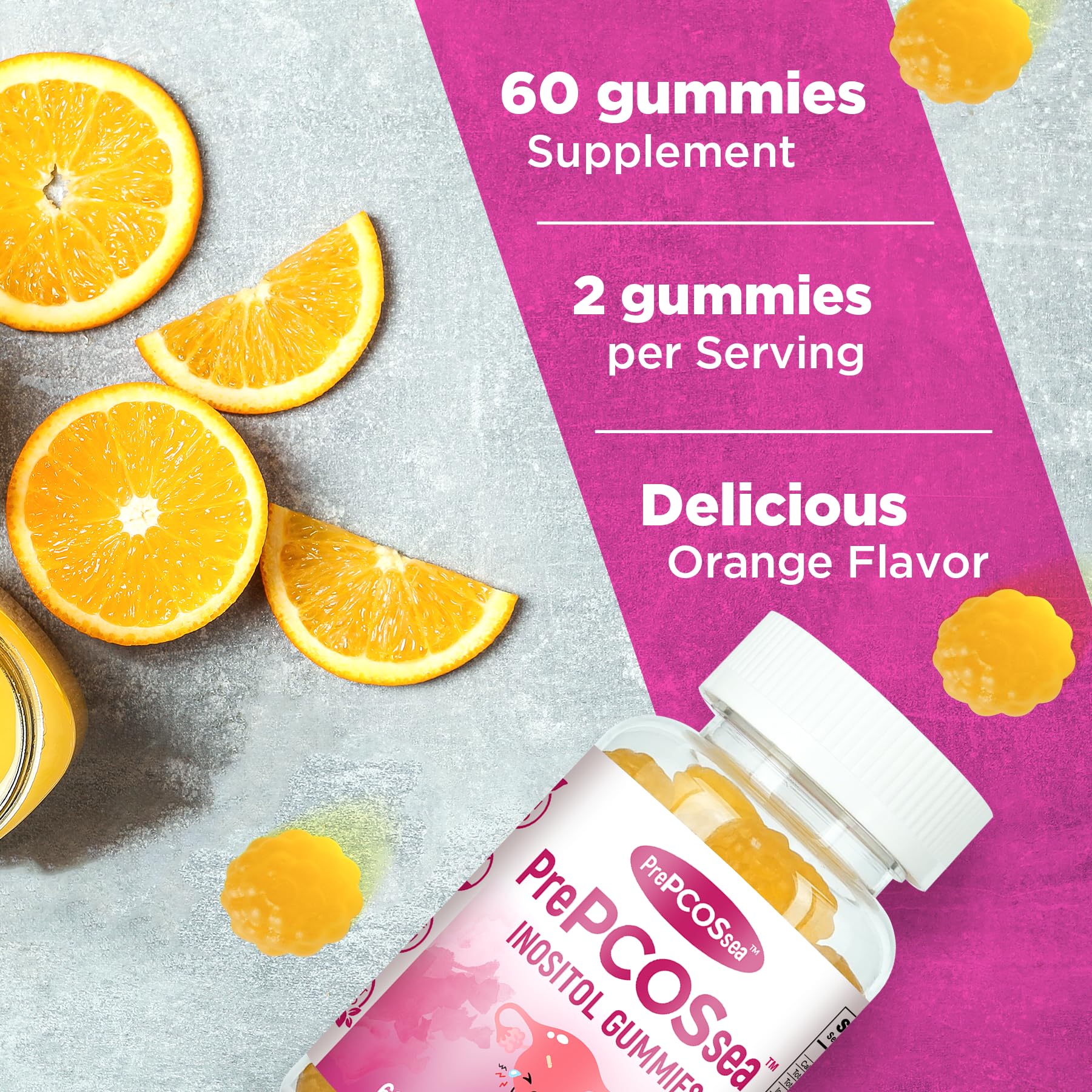 Feelherbs PrePCOSsea Inositol Gummies Vitamins, 2 Pack Orange Flavor Myo-Inositol Vitamin Gummies with Folate, B6, B12 & D-Biotin, 60 Count Soft Chews FeelherbsBuy Supplements Australia