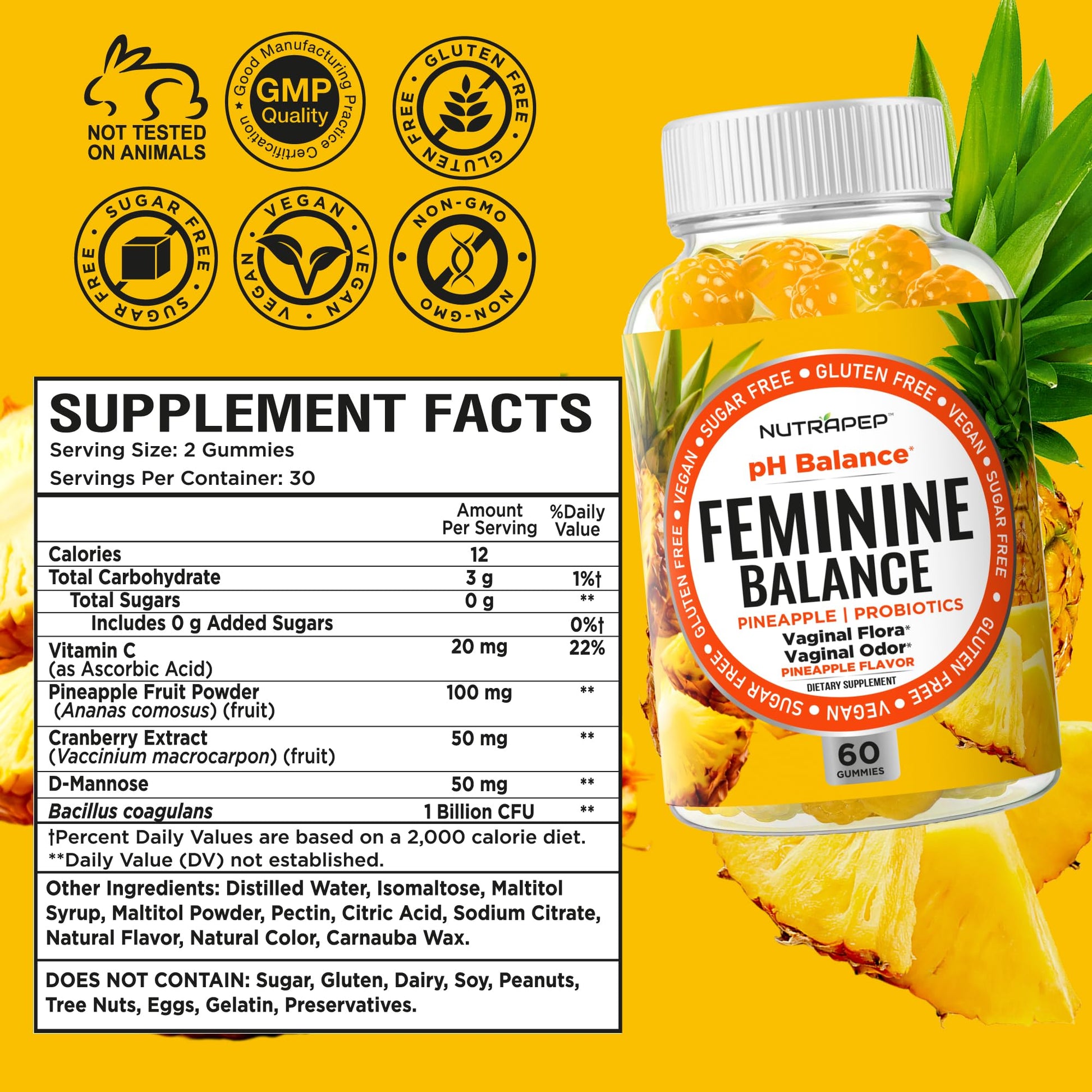 NutraPep Feminine Balance Probiotics Gummies for Women - Vaginal Health & Women's pH Balance Natural Gummy Supplement with Cranberry Pineapple Powder - Sugar Free Gluten Free Vegan (Pack of 2) NutraPepBuy Supplements Australia