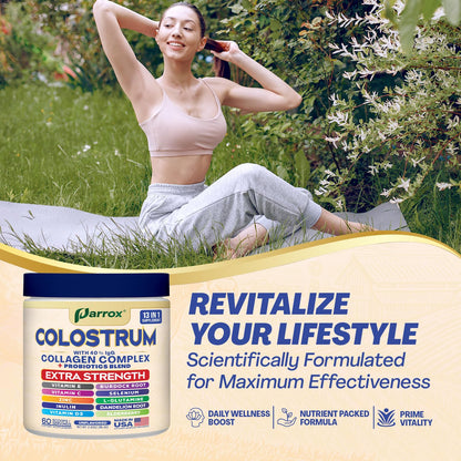 Parrox Colostrum Powder with 40% IgG, Collagen, Probiotics, Burdock Root, L-Glutamine, Elderberry, Vitamin C, Vitamin E, Vitamin D3, Inulin, Selenium, Dandelion Root, Zinc, 60 Servings (Unflavored) ParroxBuy Supplements Australia