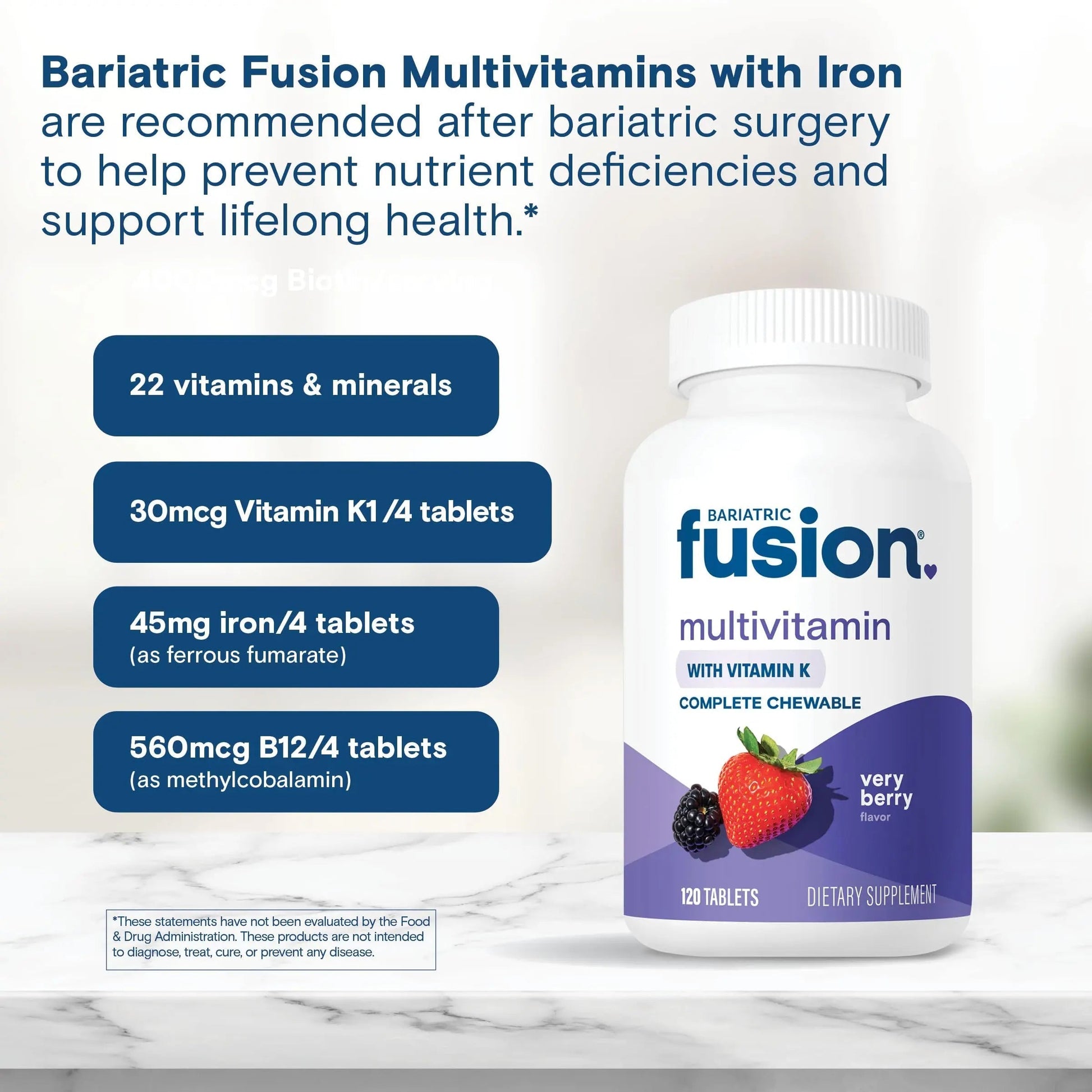 Bariatric Fusion Very Berry Complete Chewable Bariatric Multivitamin with Iron and Vitamin K for Bariatric Surgery Patients Including Bariatric Fusion