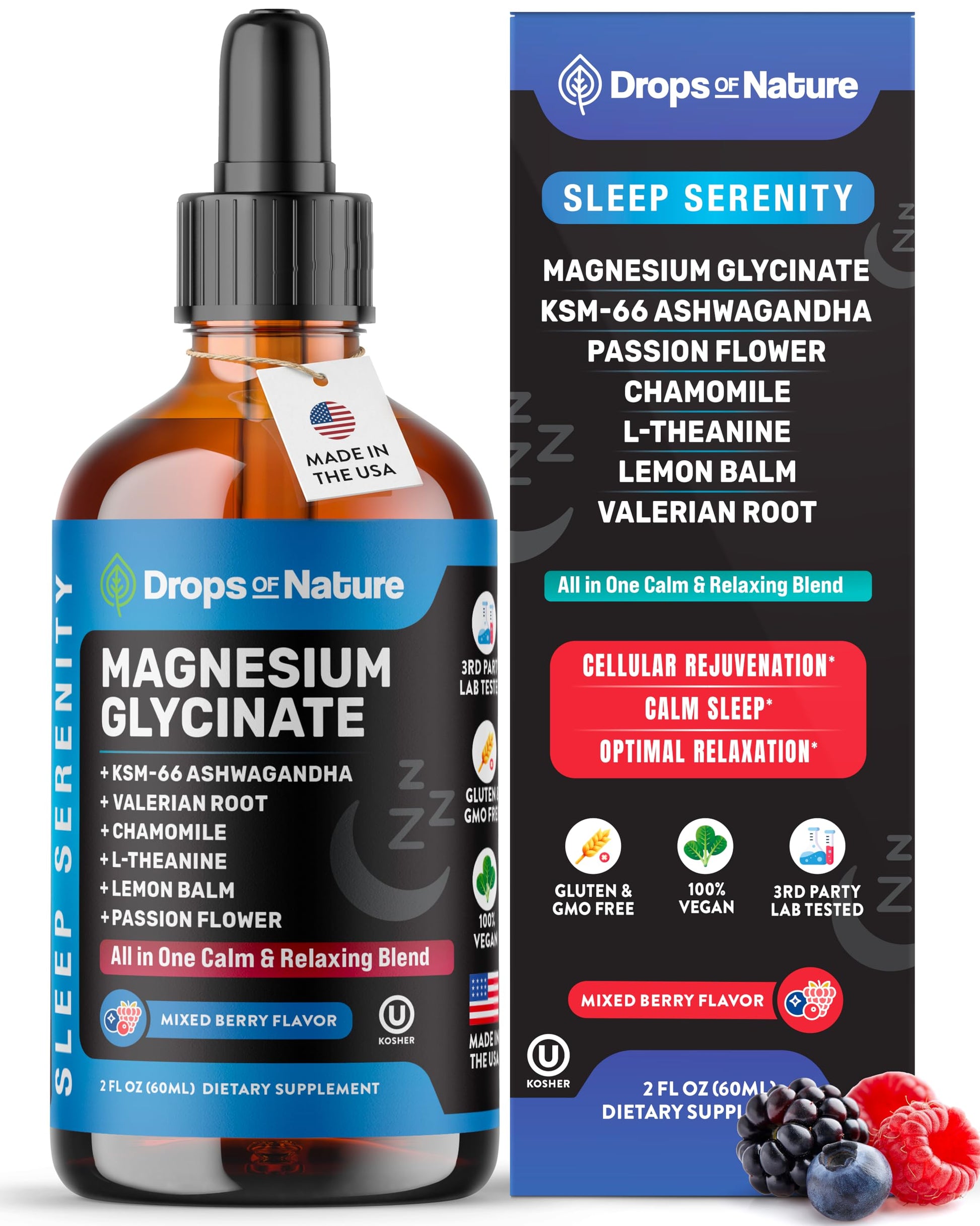 Magnesium Glycinate & Ashwagandha Liquid Drops with Valerian Root, Chamomile, Passion Flower, Lemon Balm & L-Theanine - Vegan Fast Absorption - Supplement for Wellness & Relaxation (Mixed Berry, 60mL) Drops Of NatureBuy Supplements Australia