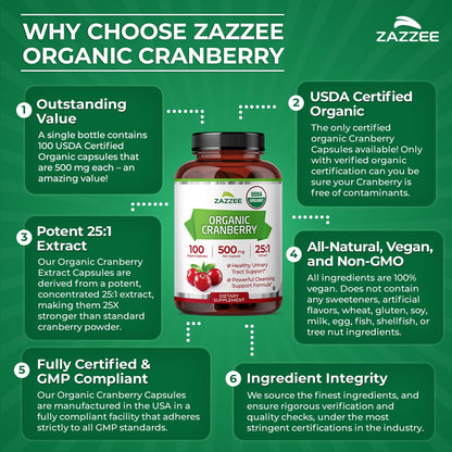 Zazzee USDA Organic Cranberry 25:1 Extract, 500 mg per Capsule, 100 Vegan Capsules, 3+ Month Supply, Certified Kosher, Vaccinium Macrocarpon, Urinary Tract & Bladder Support